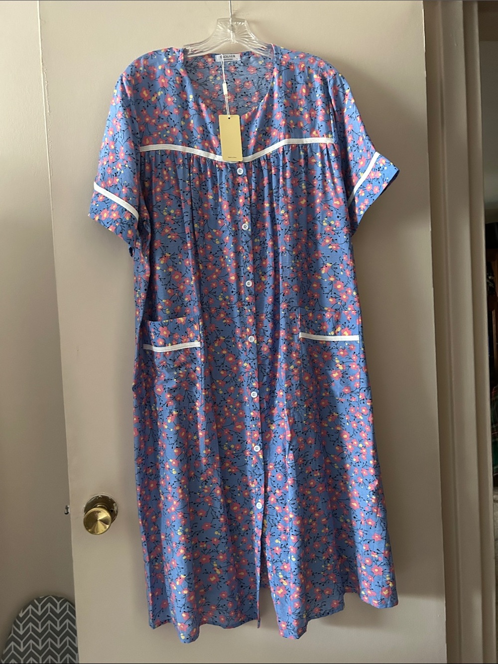 Blue Floral Button-Front House Dress with White Piping